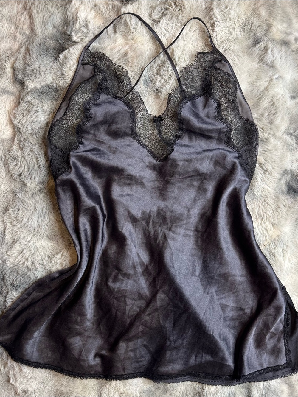 Victoria’s Secret Charcoal Satin Lace Slip Chemise Nightgown Size Large L